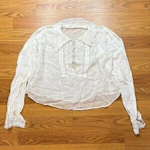 Vtg Cotton Voile White Crochet Lace Edwardian Blouse Boho Poet Sleeve M